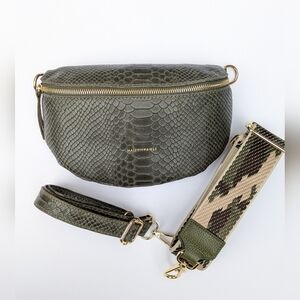Italian Leather Animal Print Fanny Pack Green Crossbody Waist Bag | Real Leather